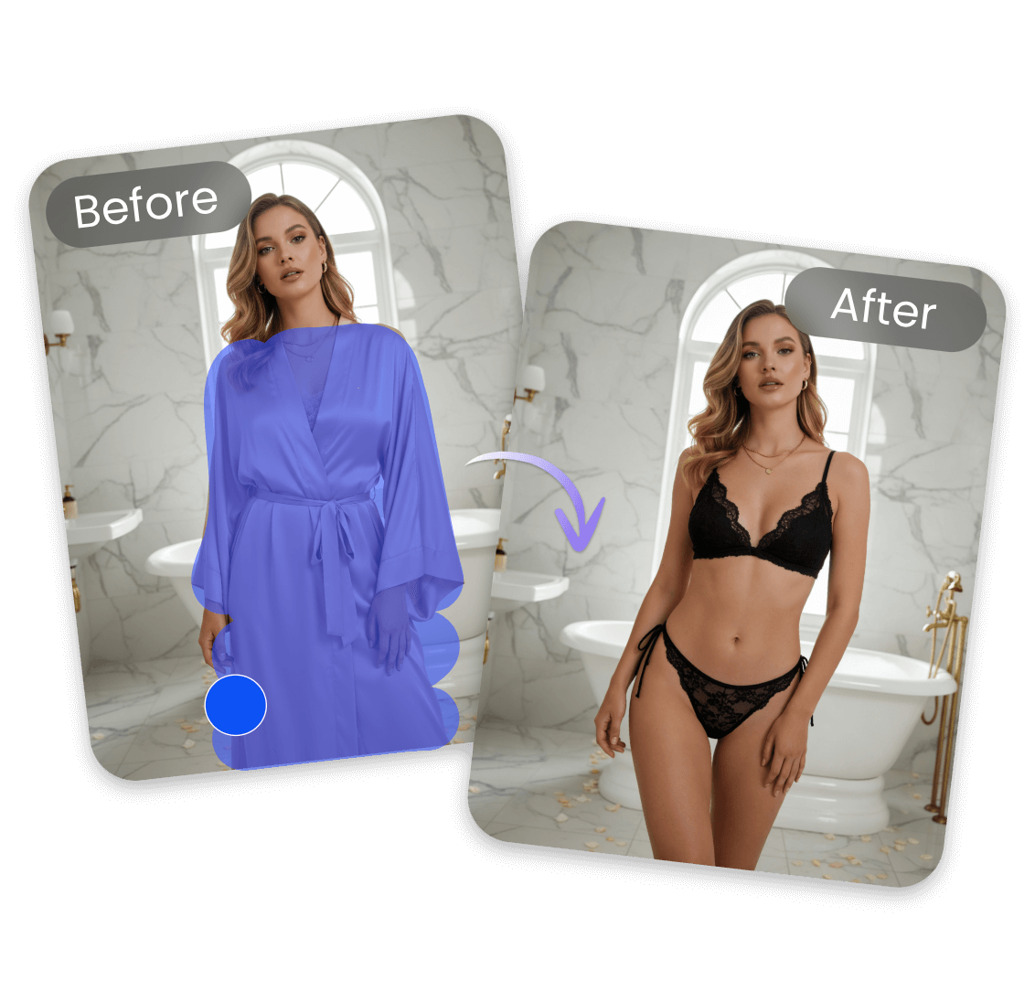 Editor de fotos de bikini con IA que reemplaza una bata por un traje de baño negro Intercambiar el rostro de una chica por el de una modelo en bikini con piel trigueña y bikini de rayas coloridas