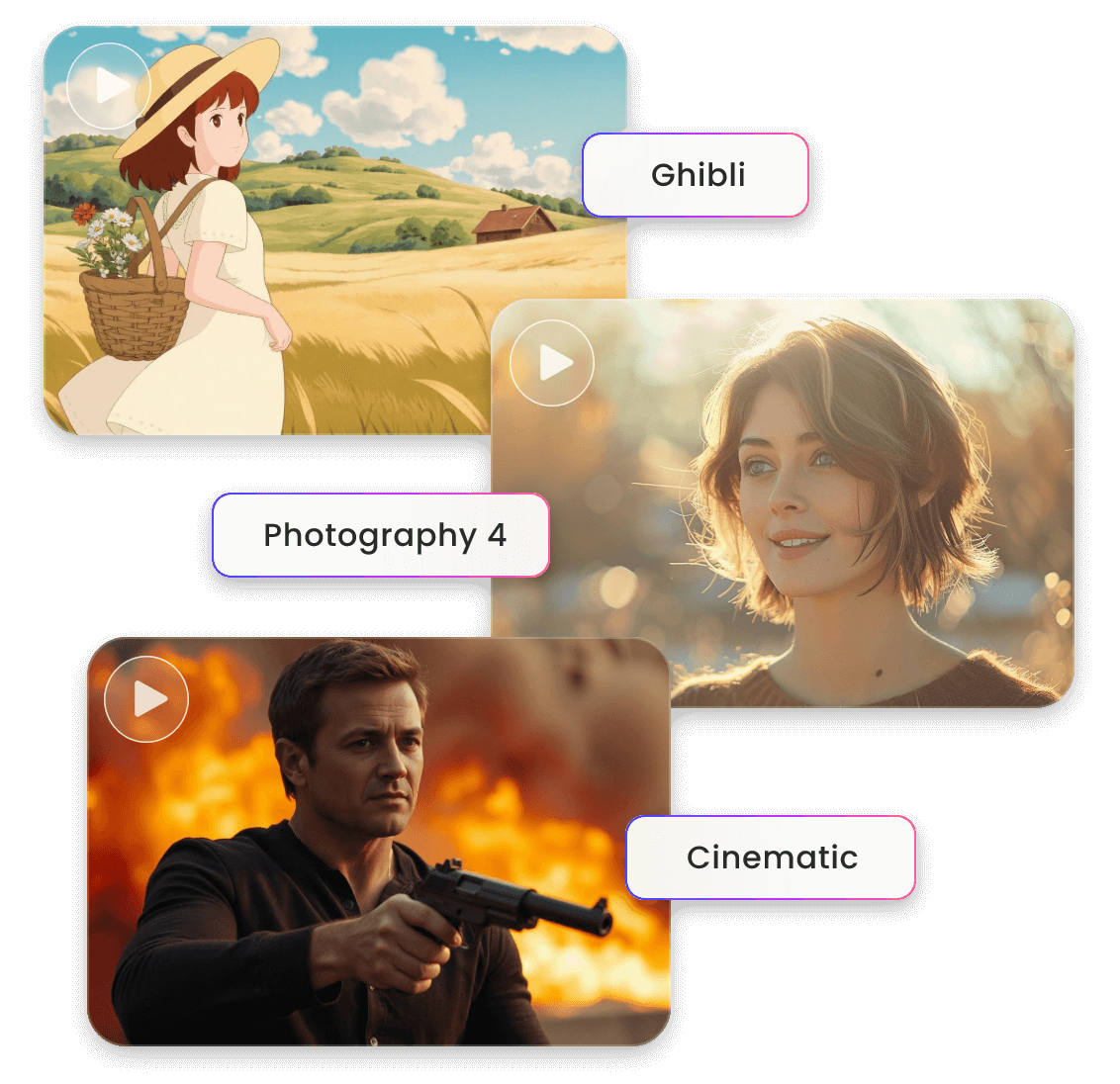 AI video generator with various styles such as Ghibli photography andcinematic