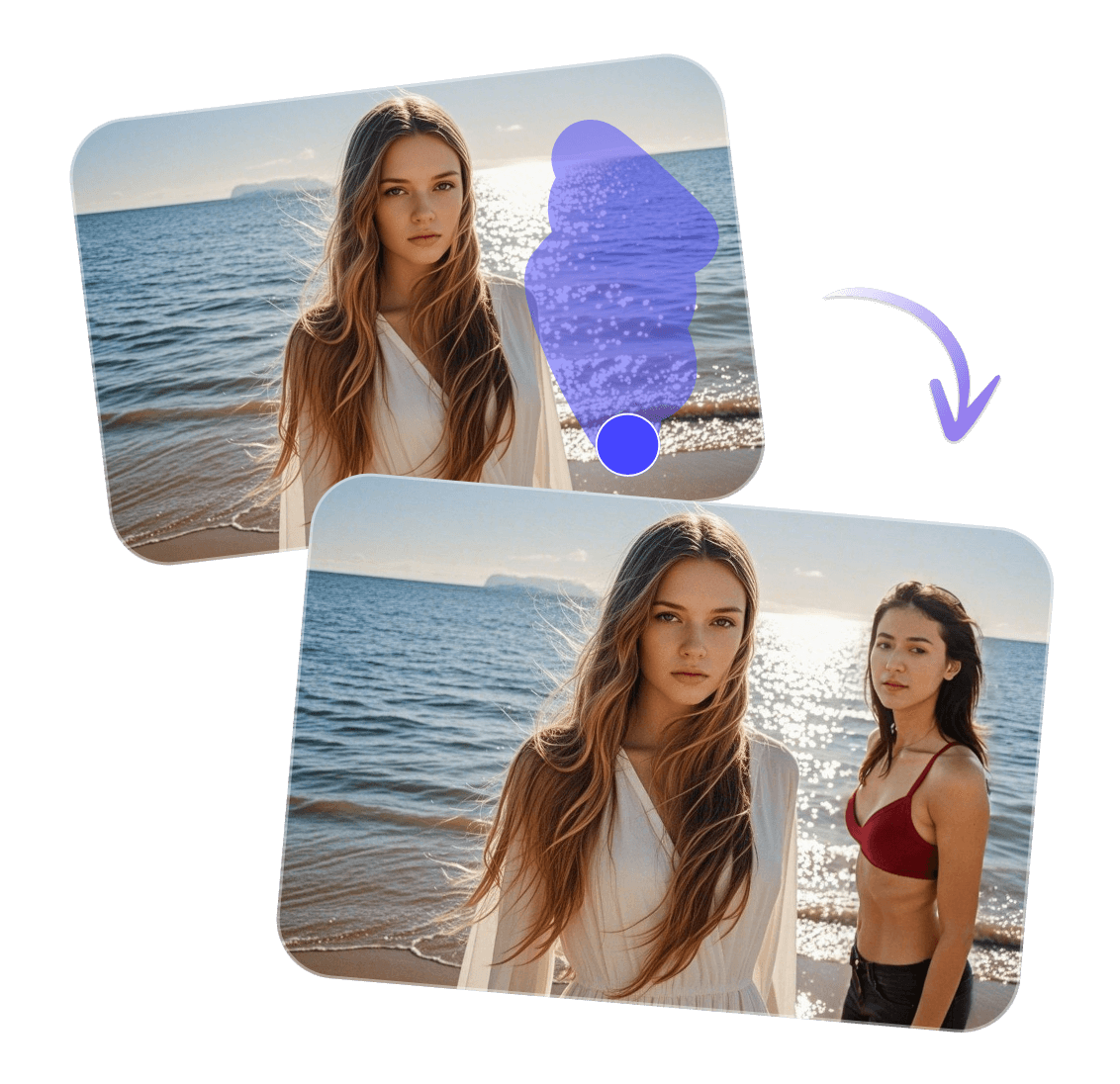 Adicione uma garota de biquíni à foto de uma garota de blusa branca em pé em frente ao mar