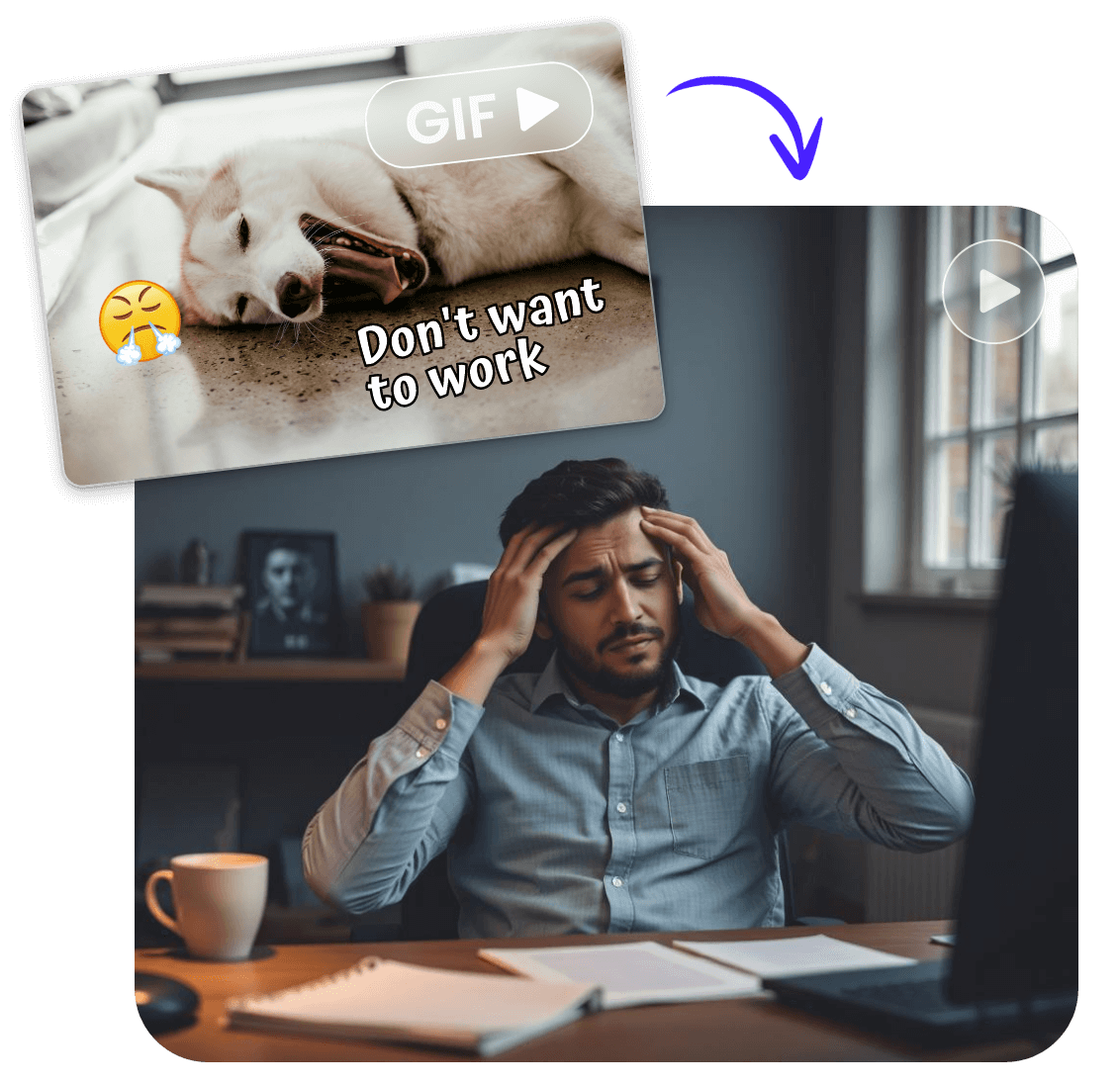 Add a gif of "a white dog don't want to work" to a work man video