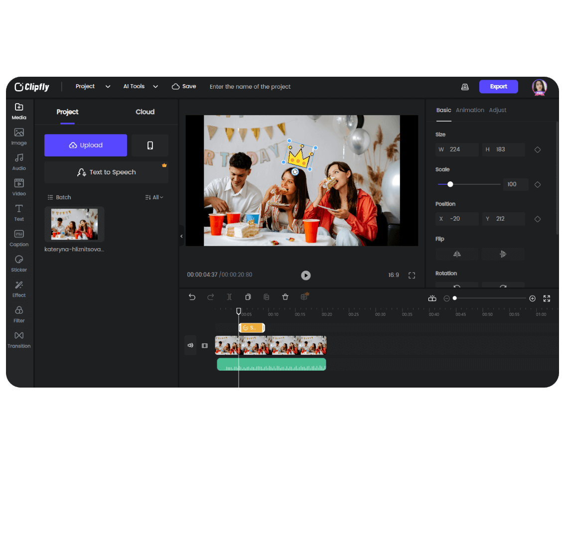 Add crown sticker on the head of the girl to celebrate her birthday in Clipfly video editor