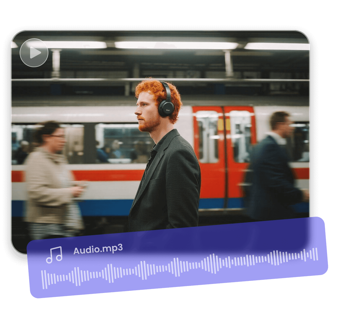 Add music to a picure of a man with a headphone standing in the subway station