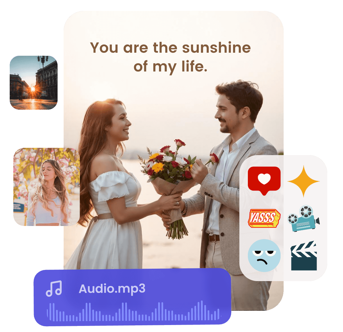 Add text images stickers and music to a wedding flower giving video