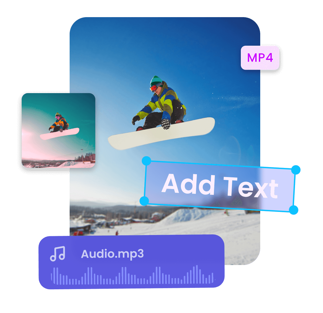 Adicionando vários elementos a um vídeo MP4 de esquiadores