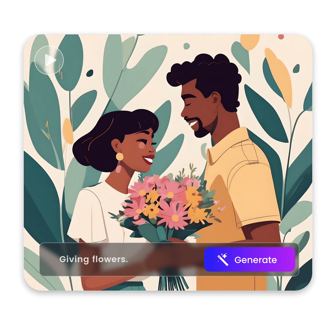 An animated video of a short hair boy giving a short hair girl a bouquet of flowers