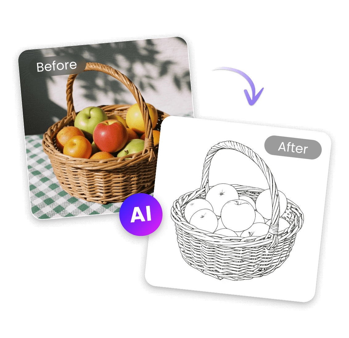 An image of turning a photo into a coloring page image with AI
