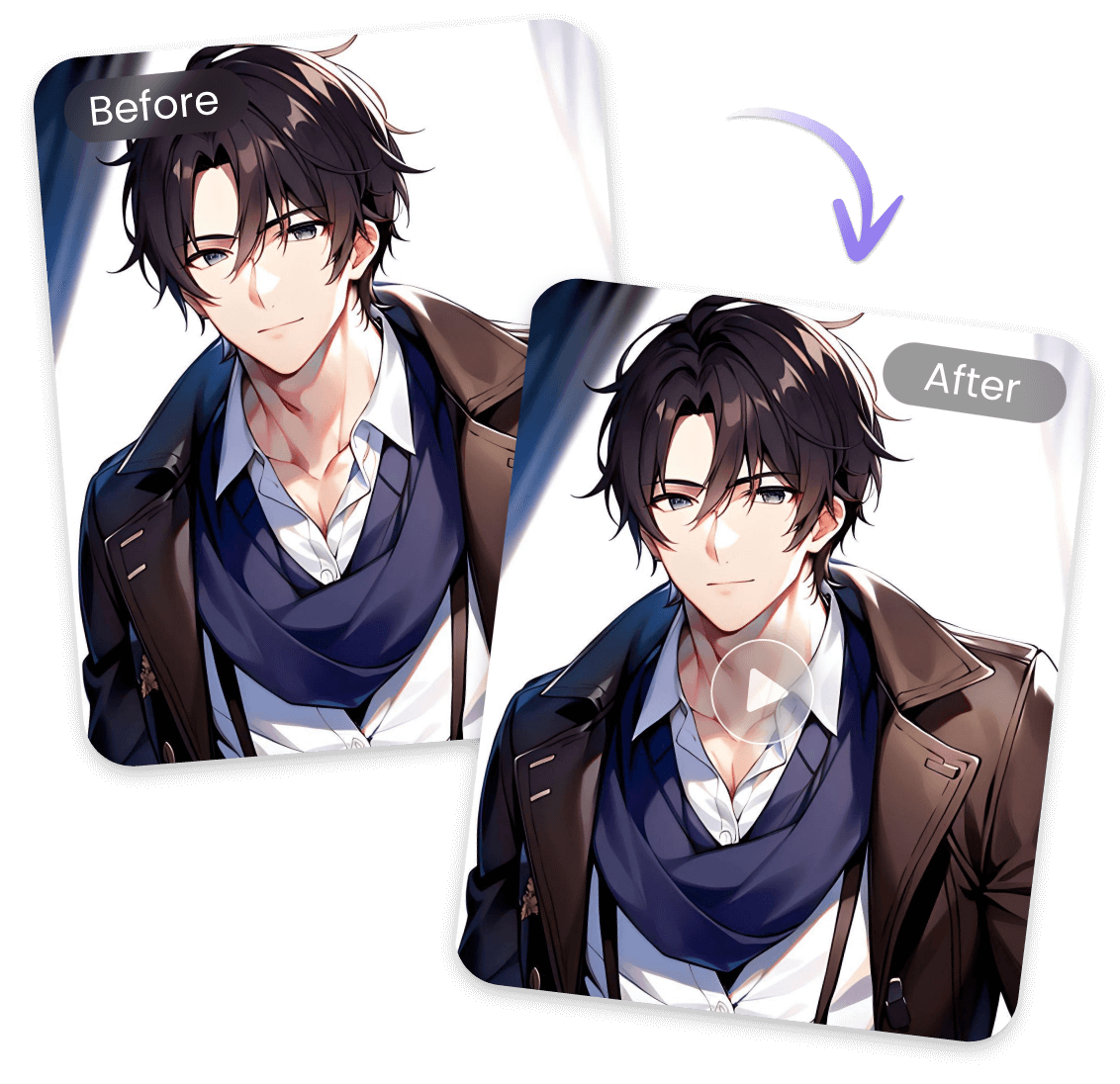 Animate a image of a handsome anime boy with short black hair and brown jacket and make an anime video