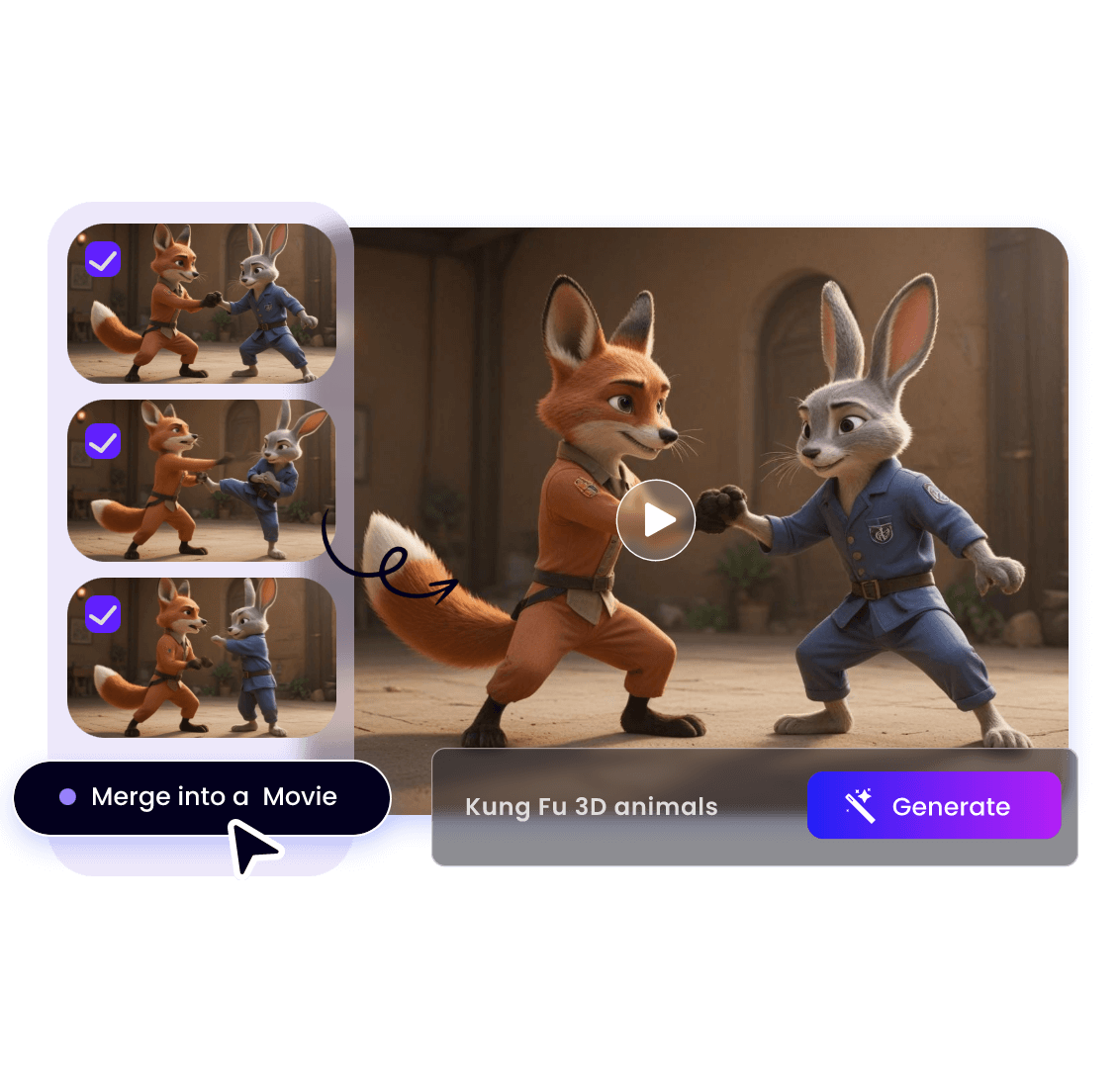 Animate a picture of a fox and a rabbit fighting in kung fu and create a movie of 3d kungfu animals