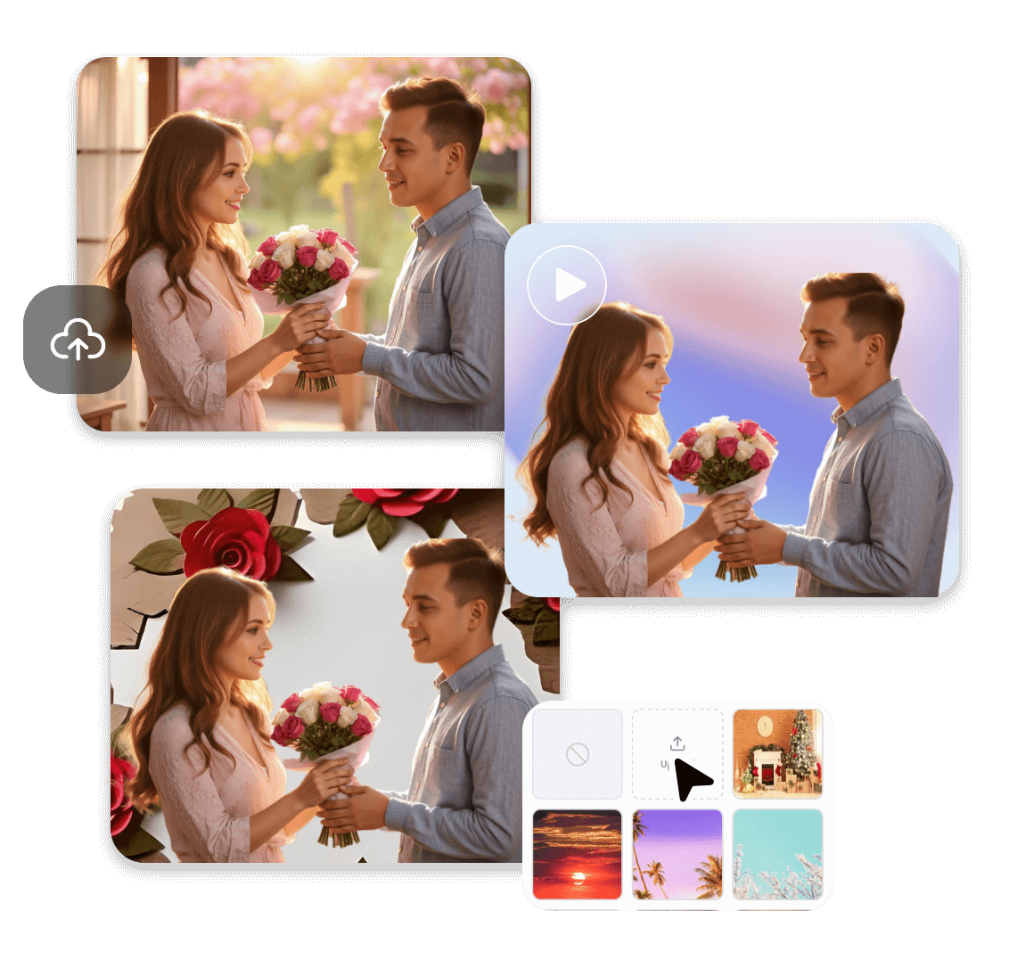 Change the background of a man sending a bouquet to a woman with a gradient or rose background