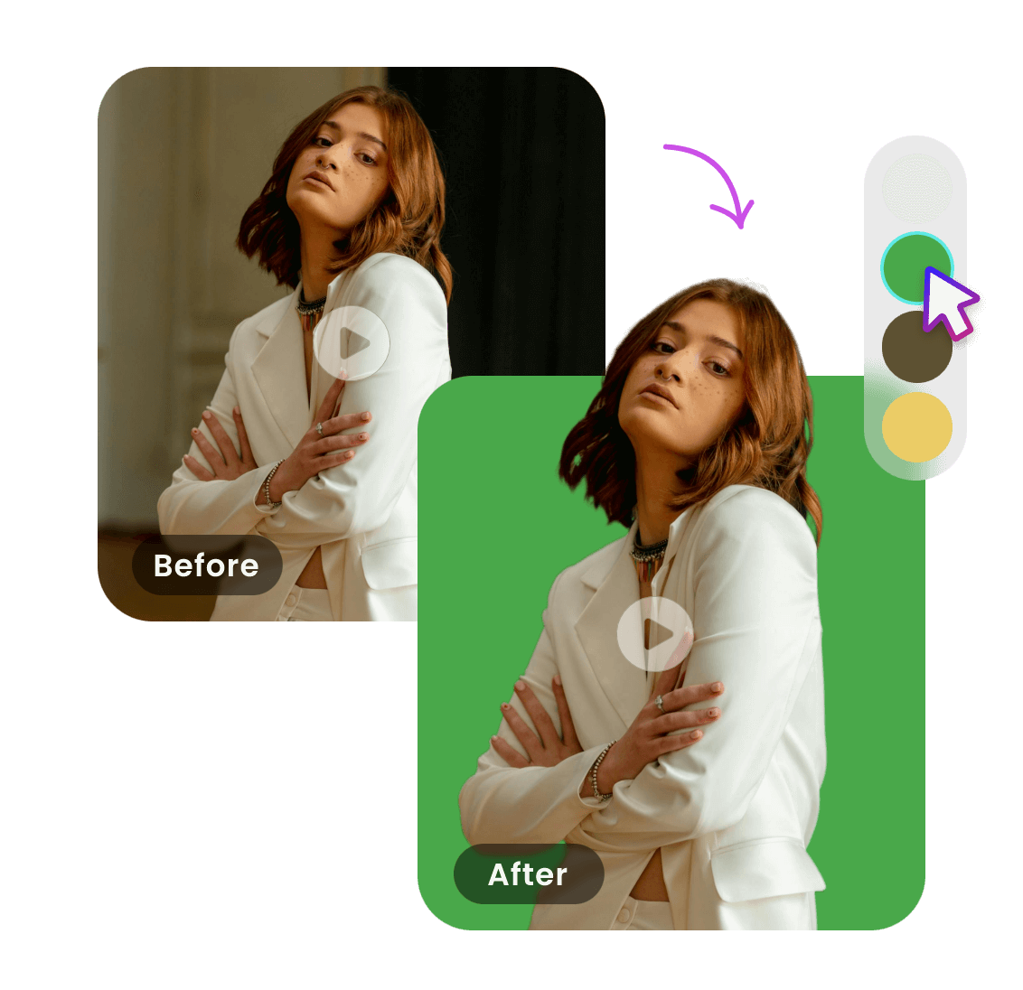 Altere o fundo da foto de uma mulher de roupa branca com as mãos levantadas para uma tela verde