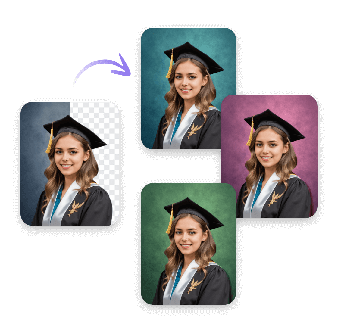 Change the gray background of a girl wearing a graduation gown to transparent blue pink or green