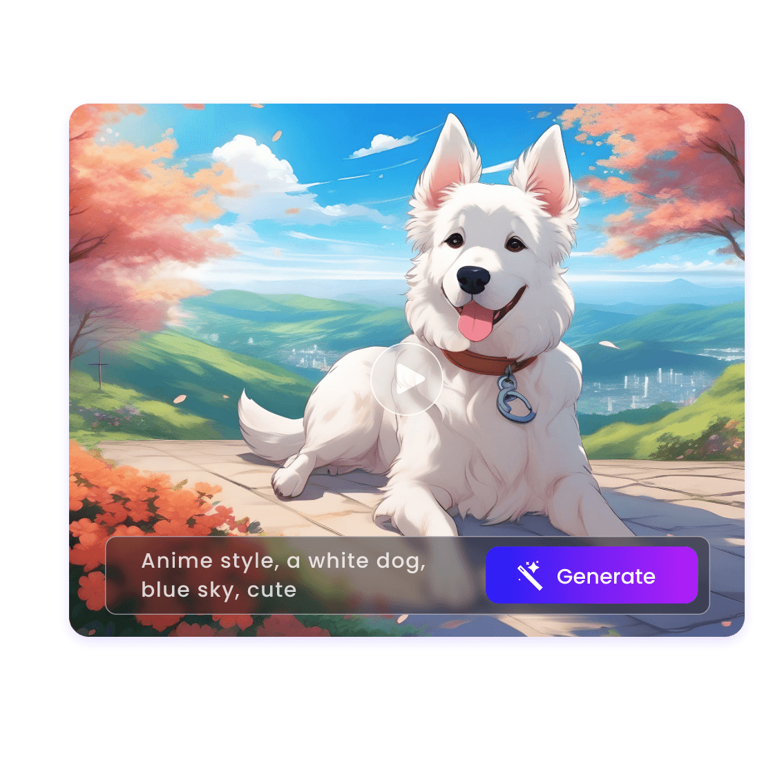 Criador de vídeo de animação Clipfly AI a partir de texto com um cachorro branco