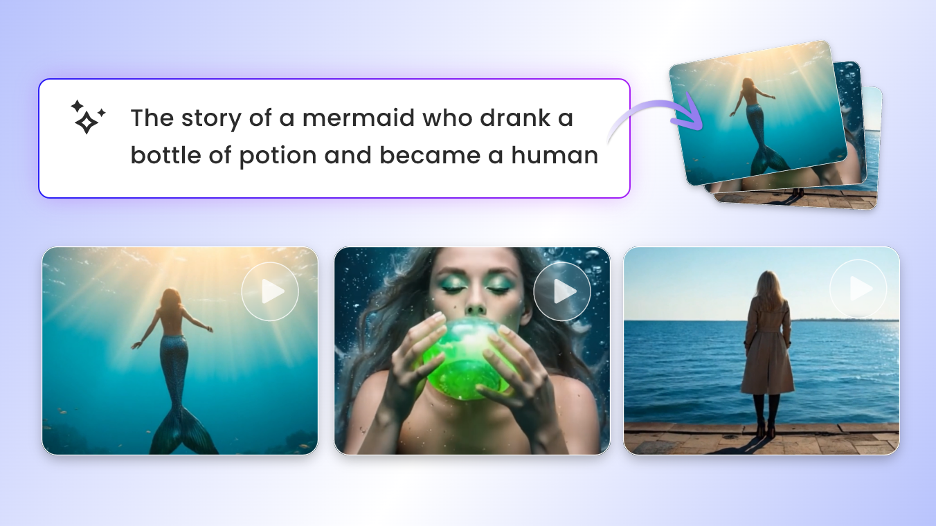Clipfly KI Skriptgenerator mit einer Meerjungfrau, die einen Zaubertrank trinkt und ein Mensch wird