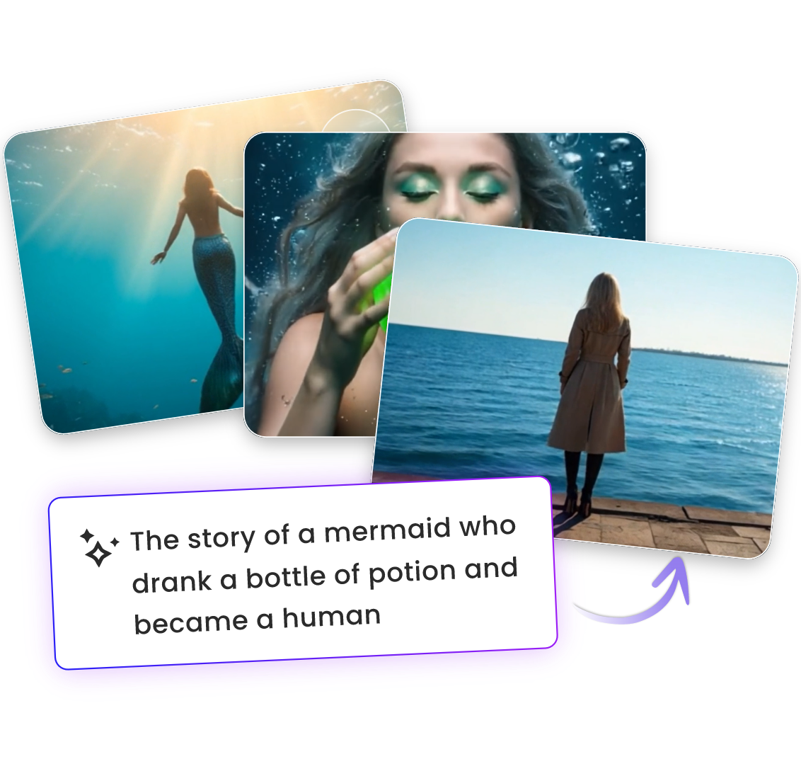 Clipfly AI script generator featuring a mermaid who drank a bottle of potion and became a human