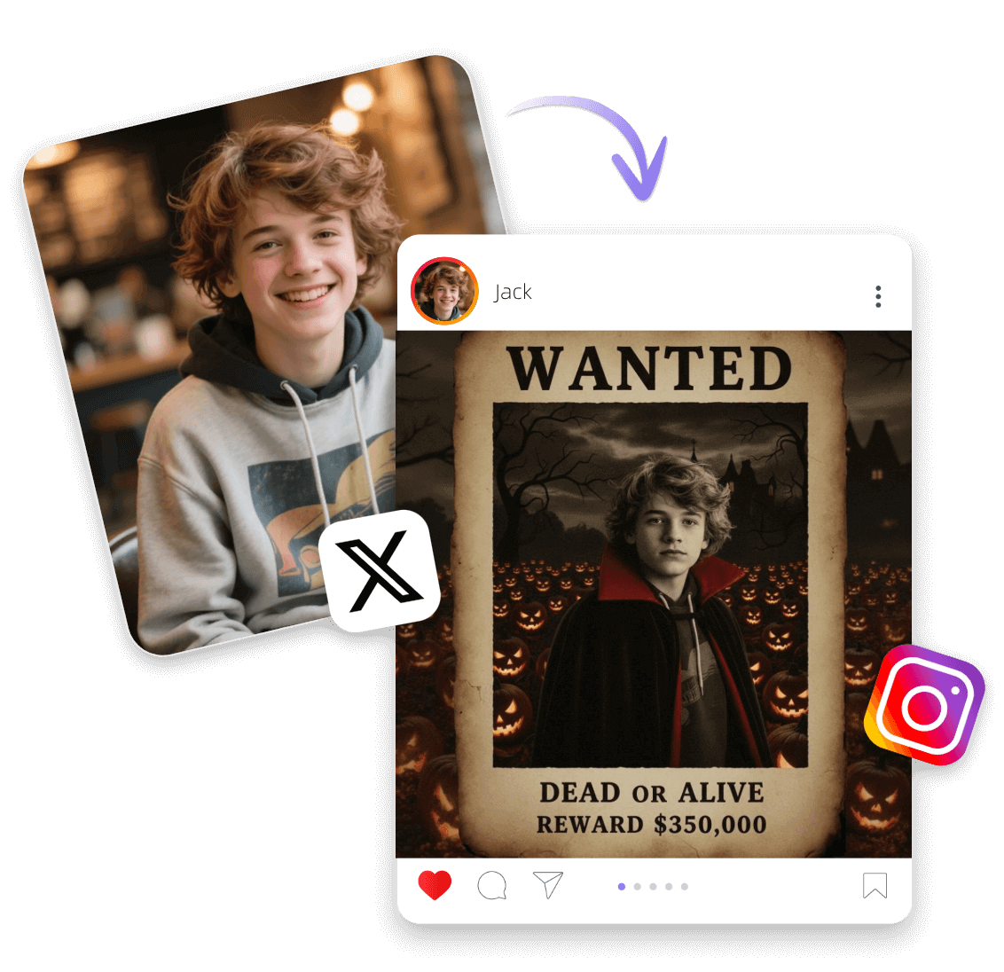 Teilen Sie Ihre KI-erstellte Halloween-Wanted-Poster in sozialen Medien wie X und Instagram