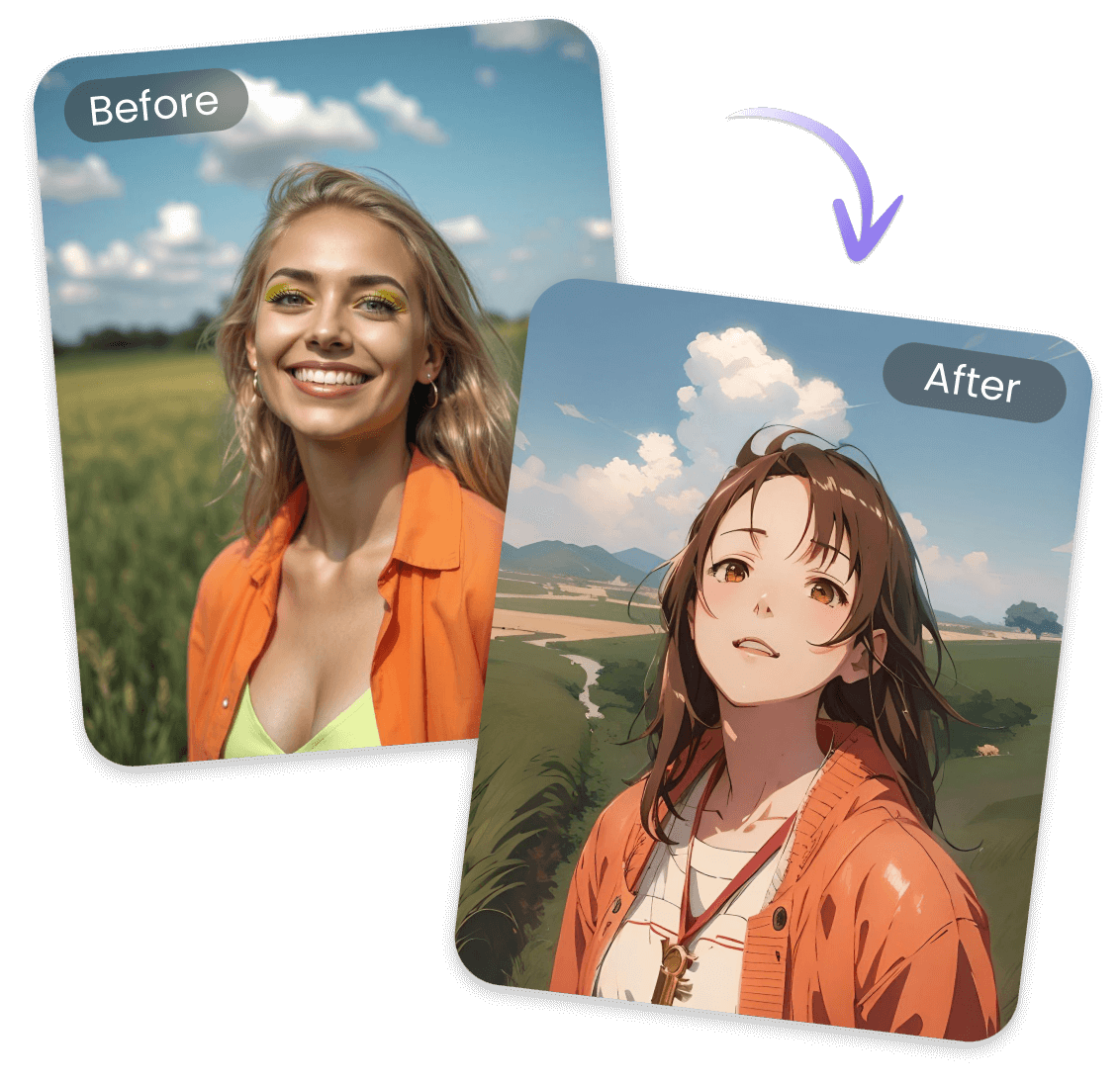 Convert a image of a orange t shirt smiling girl with long blond hair to anime style