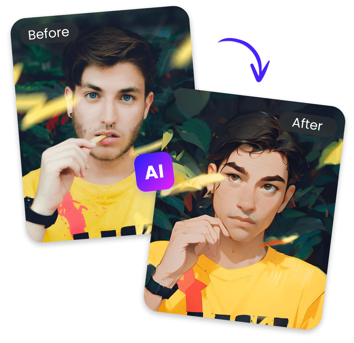 Convert a normal image of a man in yellow t shirt and eat the french fries to anime style