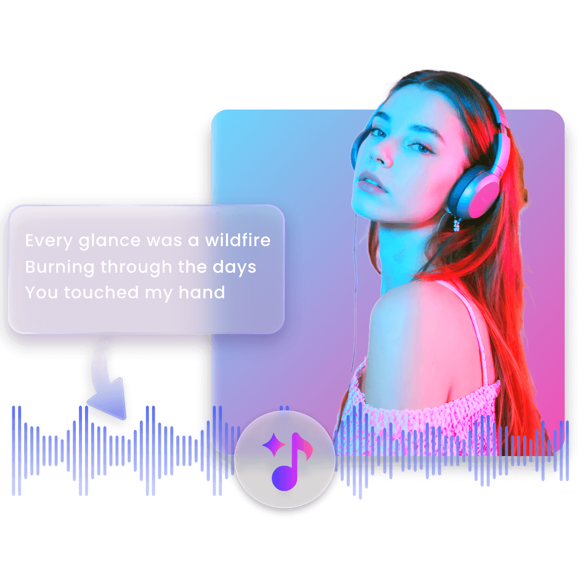 Convert text to a speech song showing a long hair girl listening to a soft music