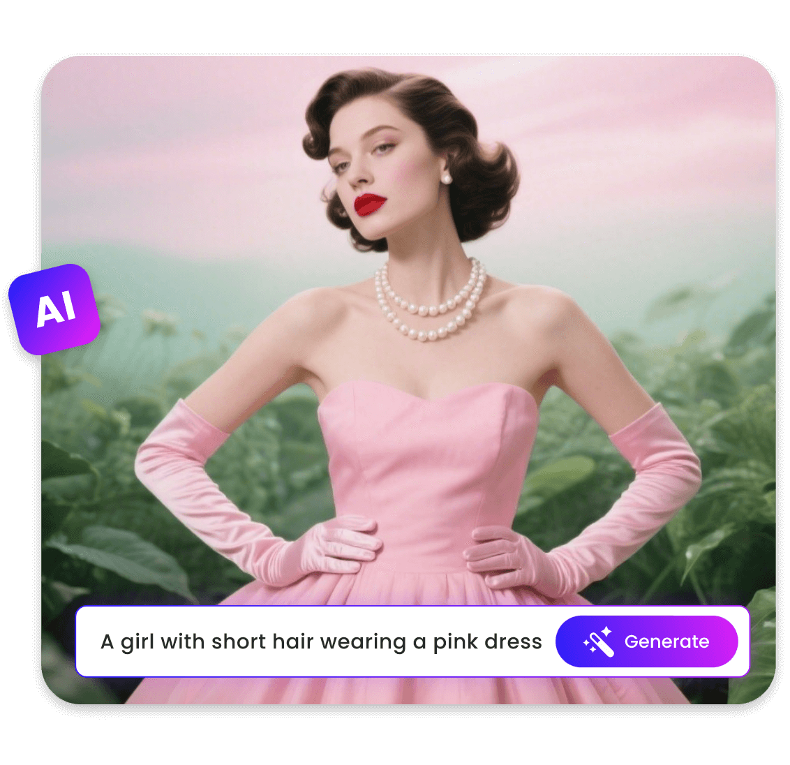 convertir le texte décrivant une fille aux cheveux courts portant une robe rose en image grâce à l'IA
