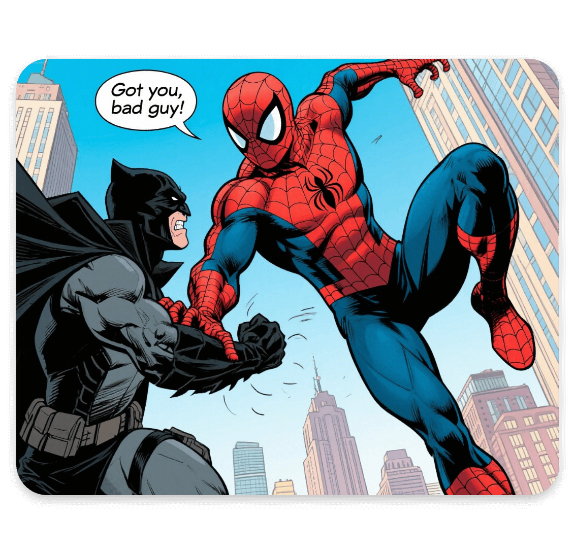 Design a superhero comic story of the righteous Spider Man arrests the bad guy Batman