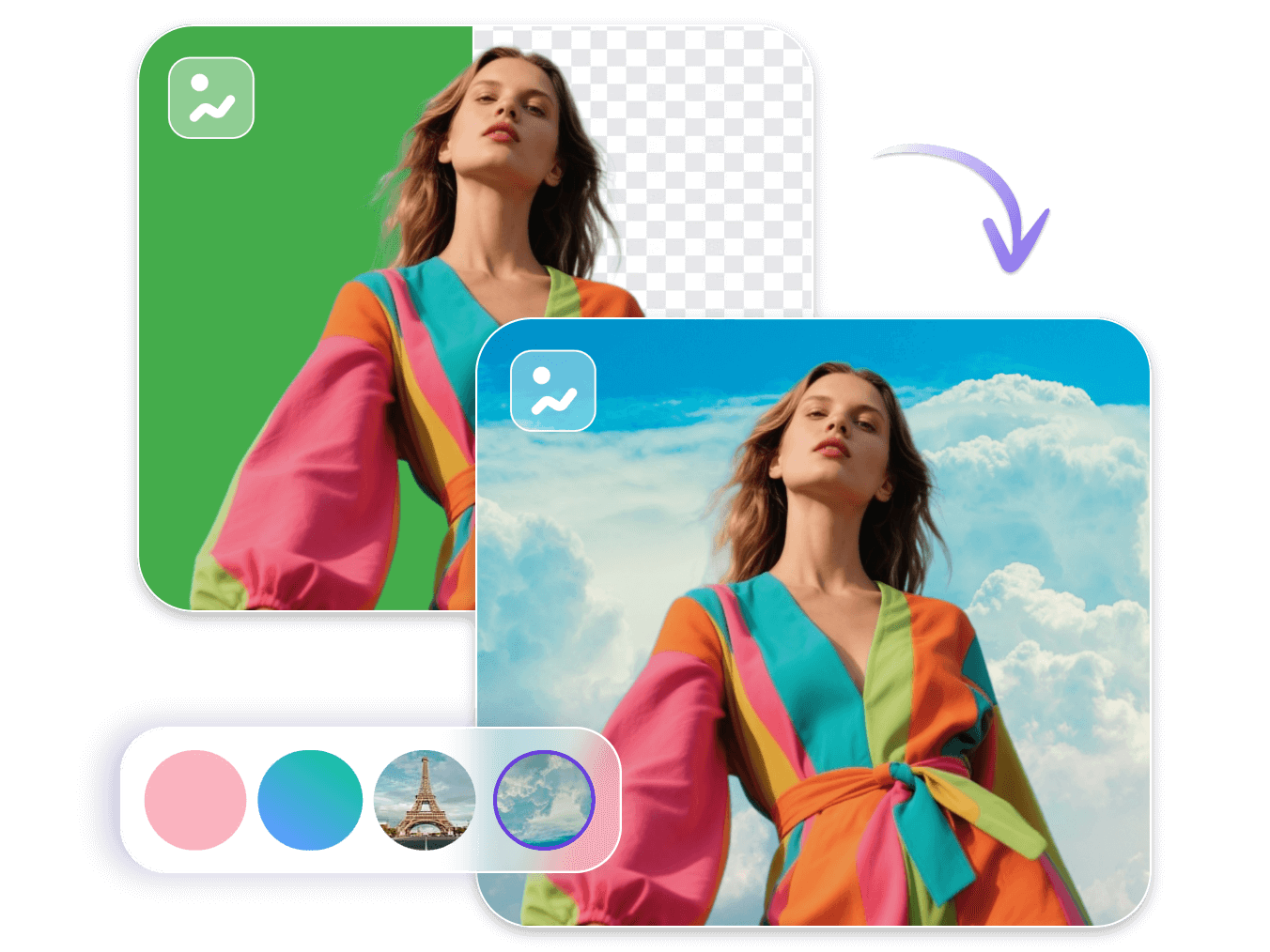 Edit the green screen background of a photo of a girl with colorful dress with clipfly green screen photo editor