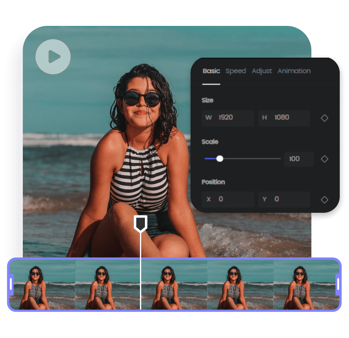 Edit the parameters of a video of a woman at the beach