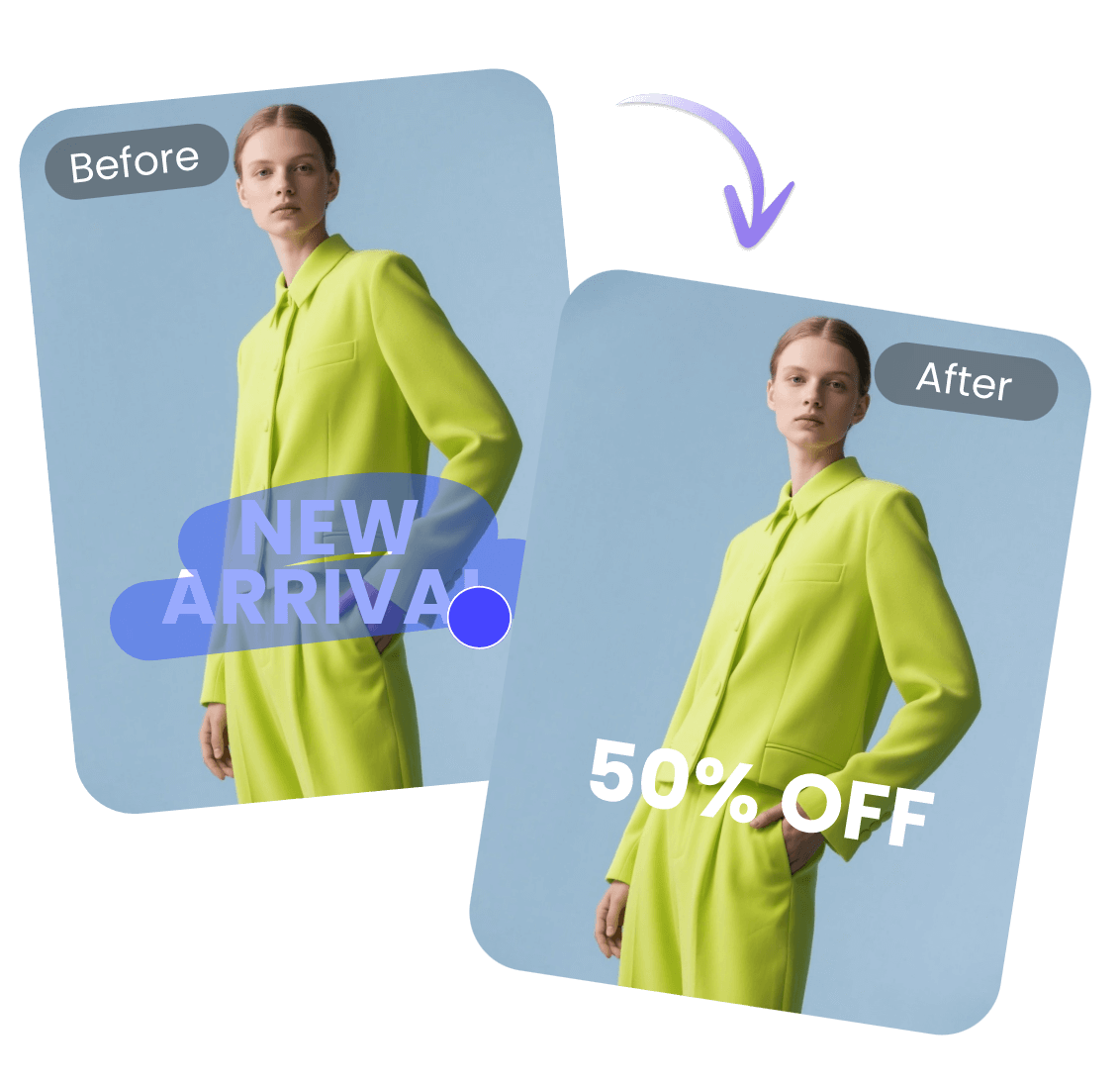 Edite o texto em uma imagem substituindo, por exemplo, altere o texto de novo em um terno verde para 50 de desconto