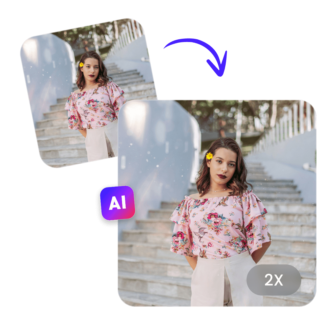 Enlarge a picture of a brown haired girl in a pink floral blouse with a small yellow flower on her head standing in front of the steps to 2x