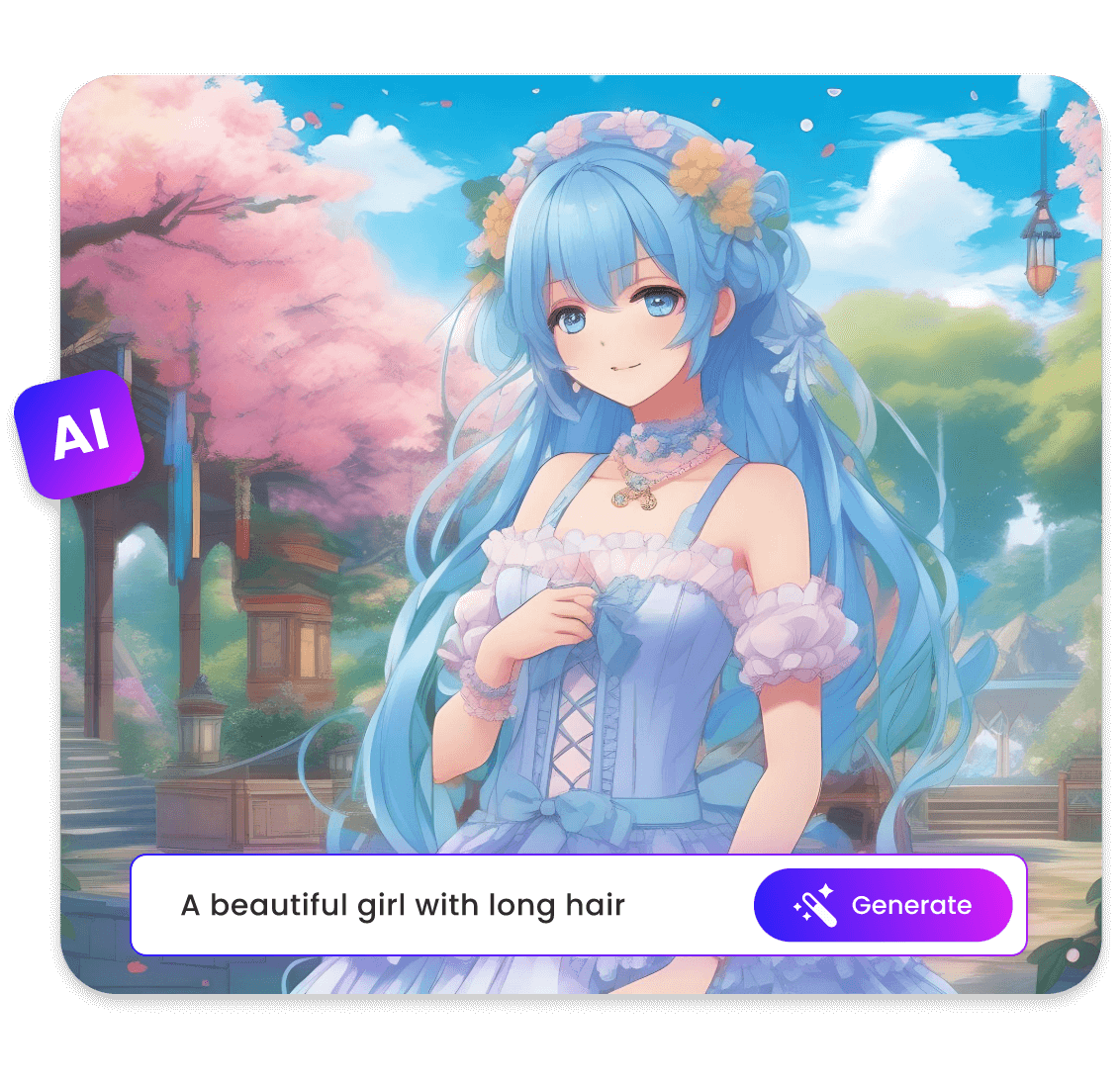 Enter the text of a beautiful girl with long hair to our anime ai generator to create a blue long hair anime girl image