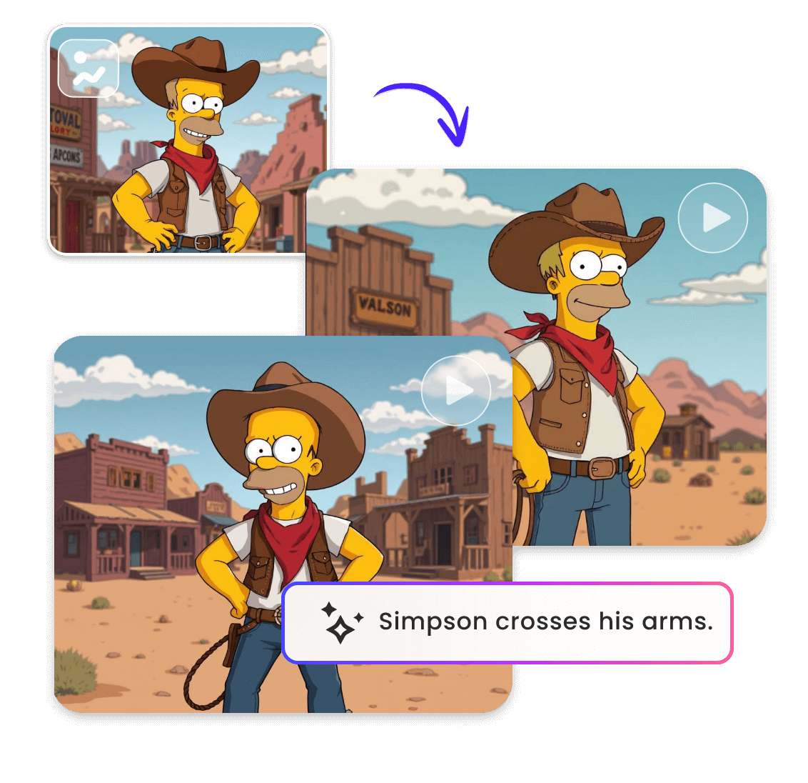 Generate Simpson cowboys in the desert with text of simpsons crosses his arms