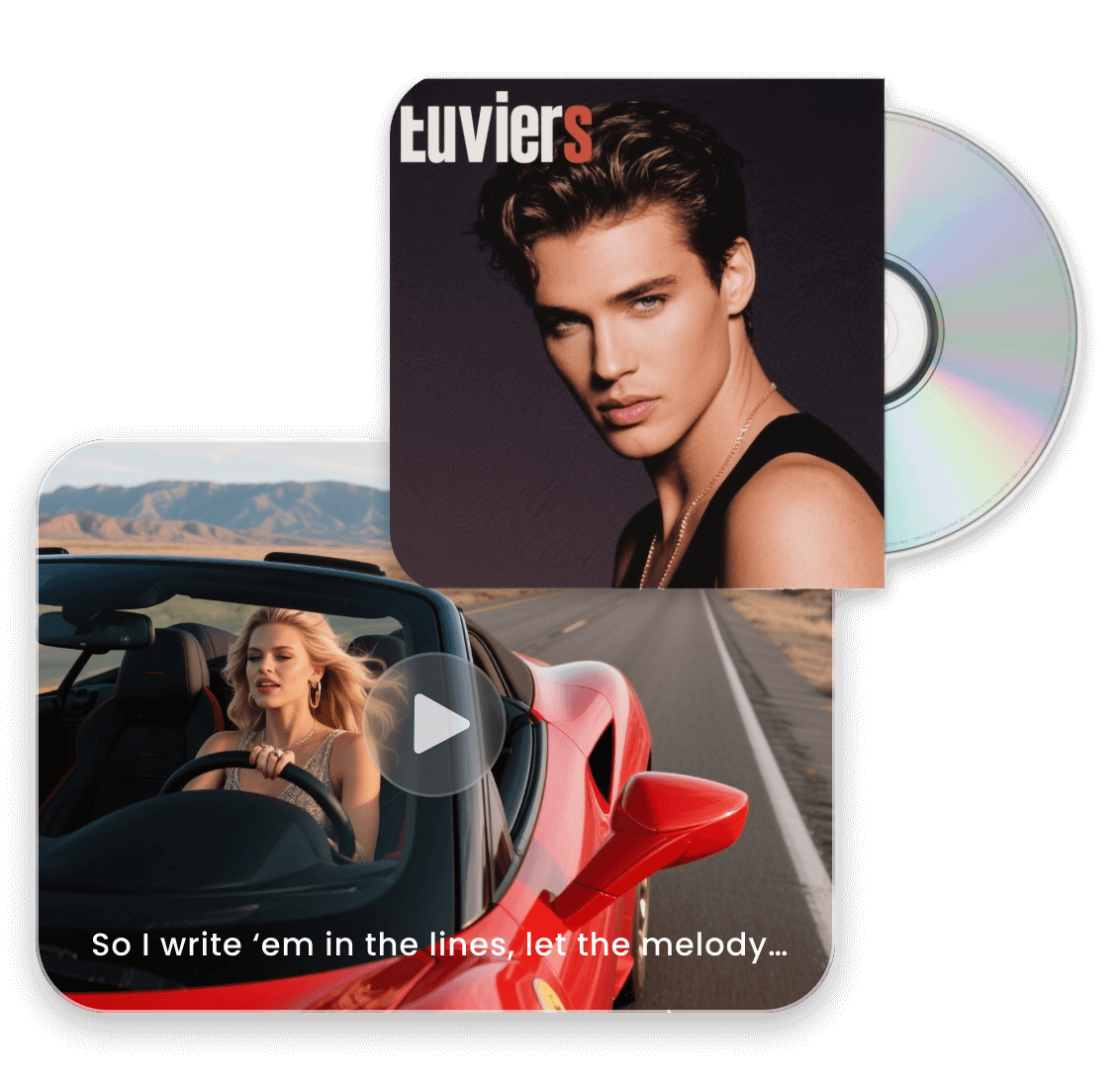 Generate a music video of a girl with long blond hair ridding a speed car add the lyrics to the video and create a album cover of a hansome man