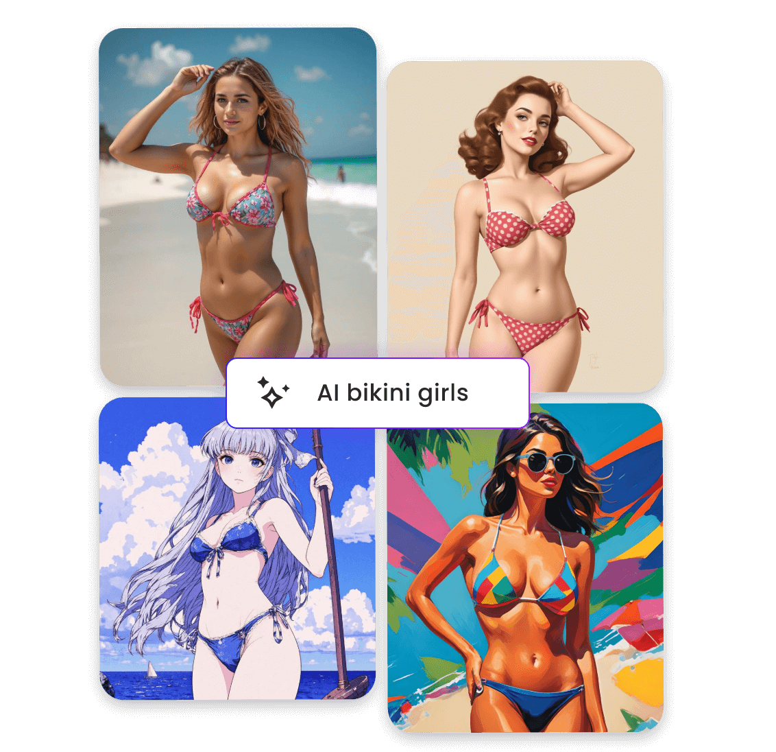 Generate four bikini girls in different styles with clipfly text to image generator including realistic style anime style and vintage style