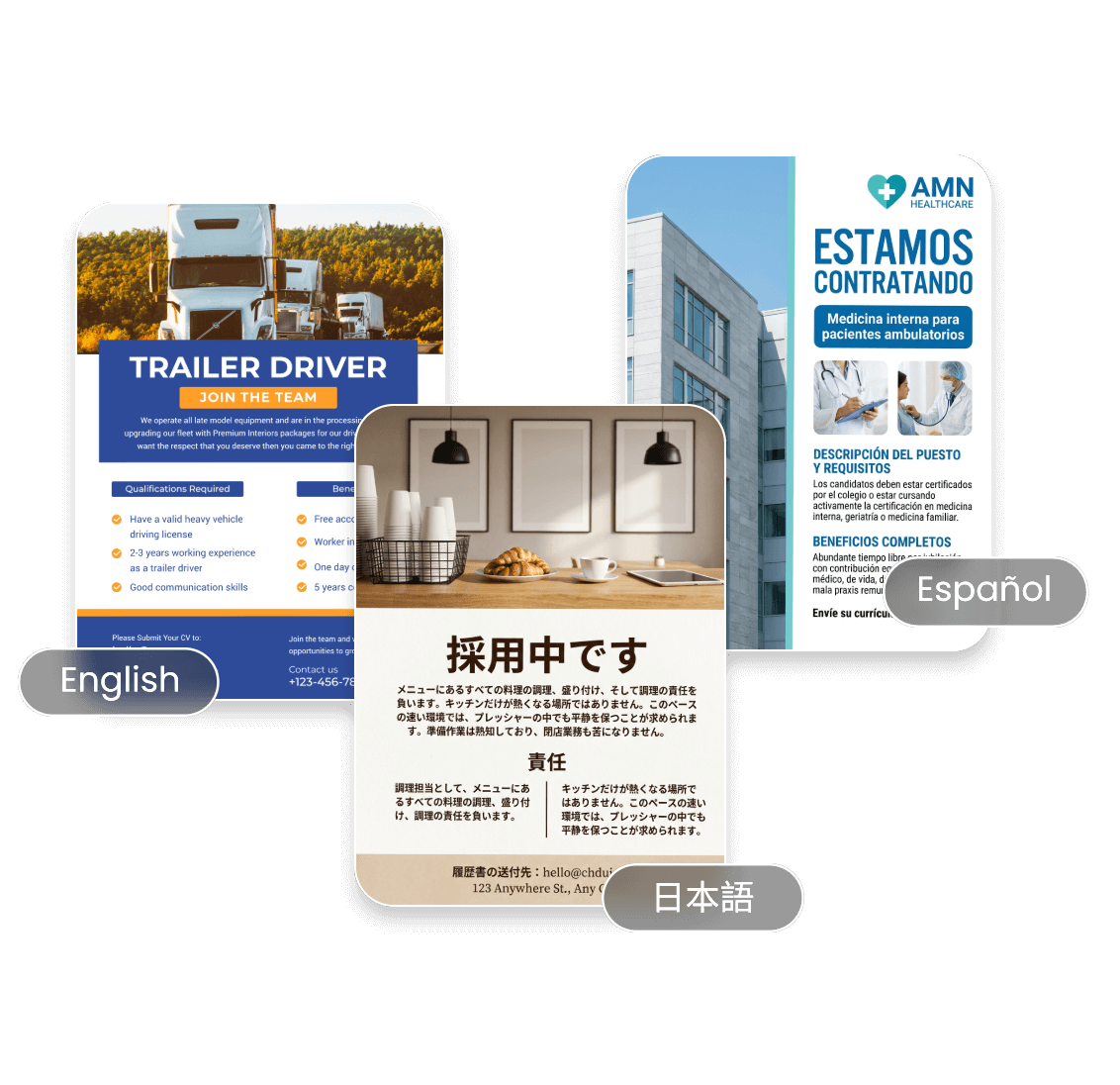 Generate three ai visuals in different languages