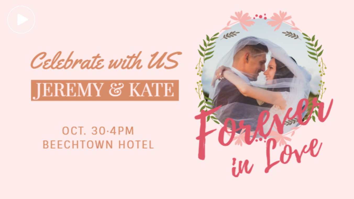 crie um vídeo rosa dos convites de casamento de Jeremy e Kate. A cerimônia será às 16h do dia 30 de outubro no beechtown hotel