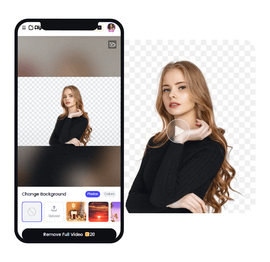 Make a video of a black girl with long curly hair on a transparent background with clipfly green screen editor