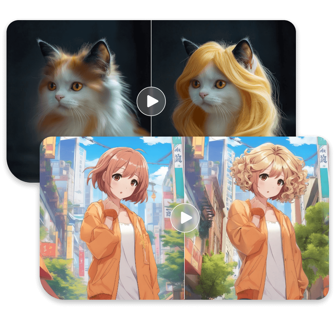Make a white cat grow blonde perm hair and change a pink short hair of an anime character to a blonde perm hair