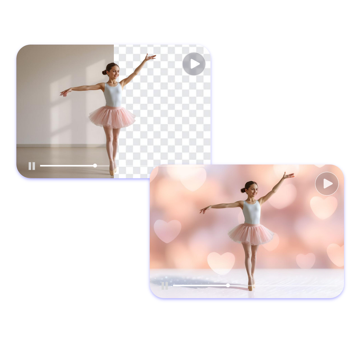 Remove the background color from a video of a little girl dancing in a white and pink ballet outfit and add a pink glow background