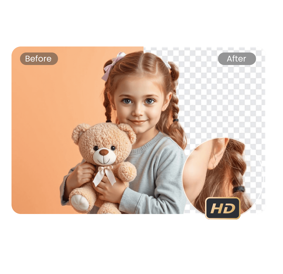 Remove the background color of a little girl with a ponytail holding a teddy bear with high quality