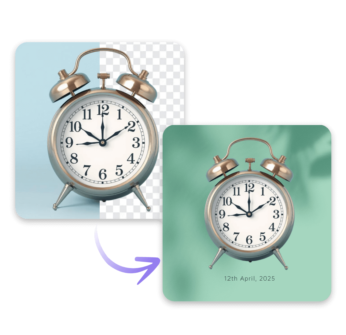 Remove the blue color from a clock photo and add a light green background and text to it