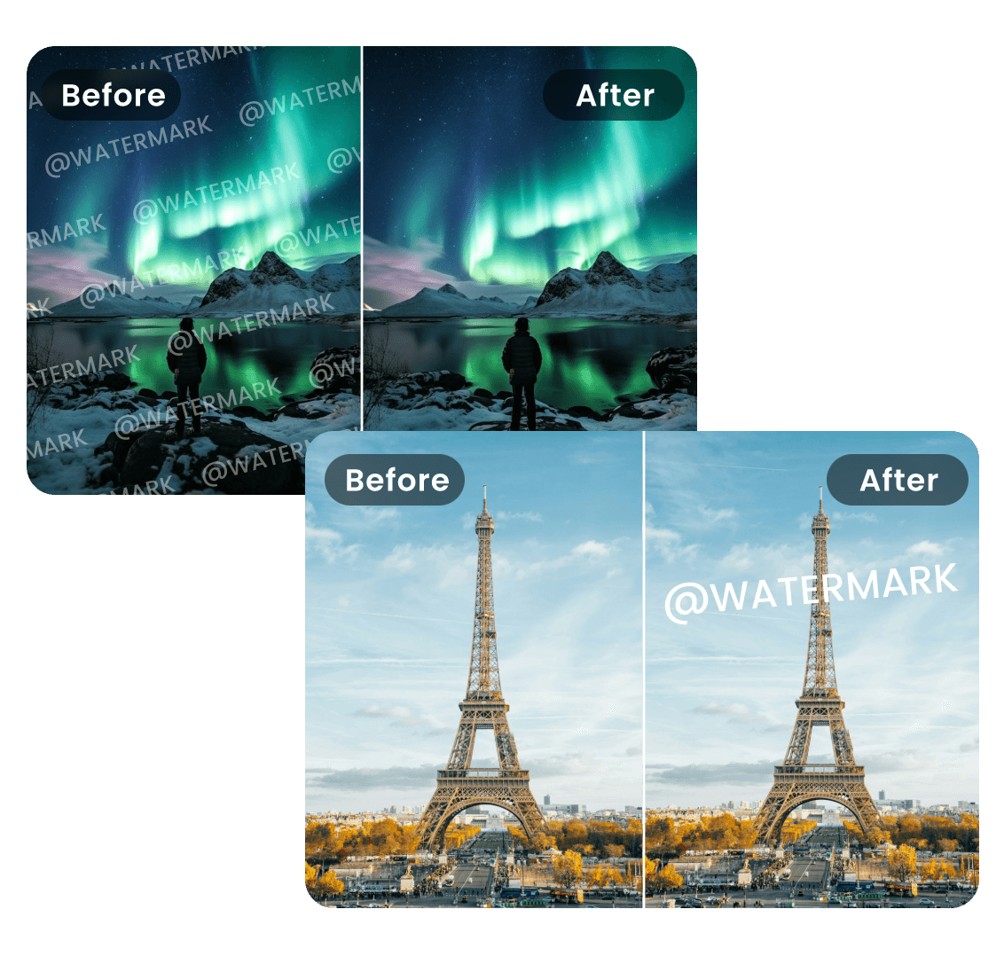 Remove watermark from Aurora video and add watermark to Eiffel Tower video
