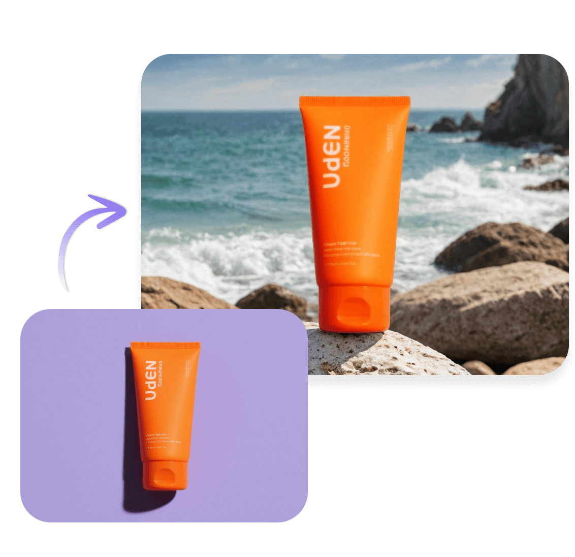 Substitua o fundo roxo de um limpador facial por uma imagem de praia