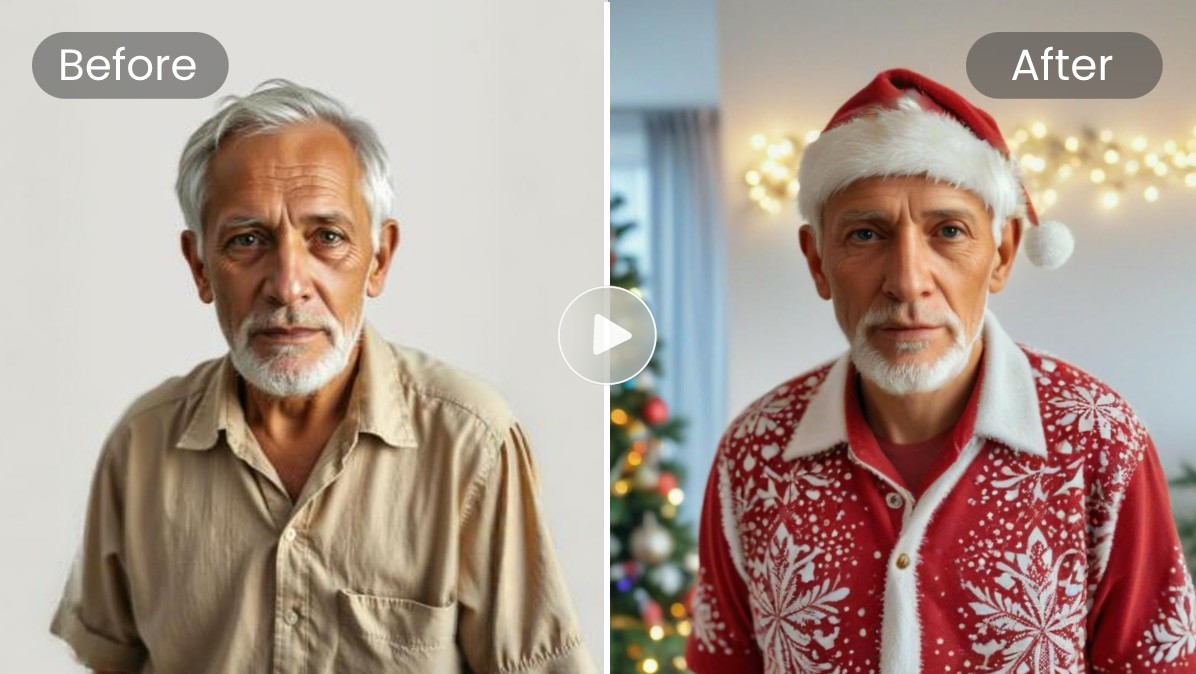 comparação do vídeo de cosplay de papai noel antes e depois