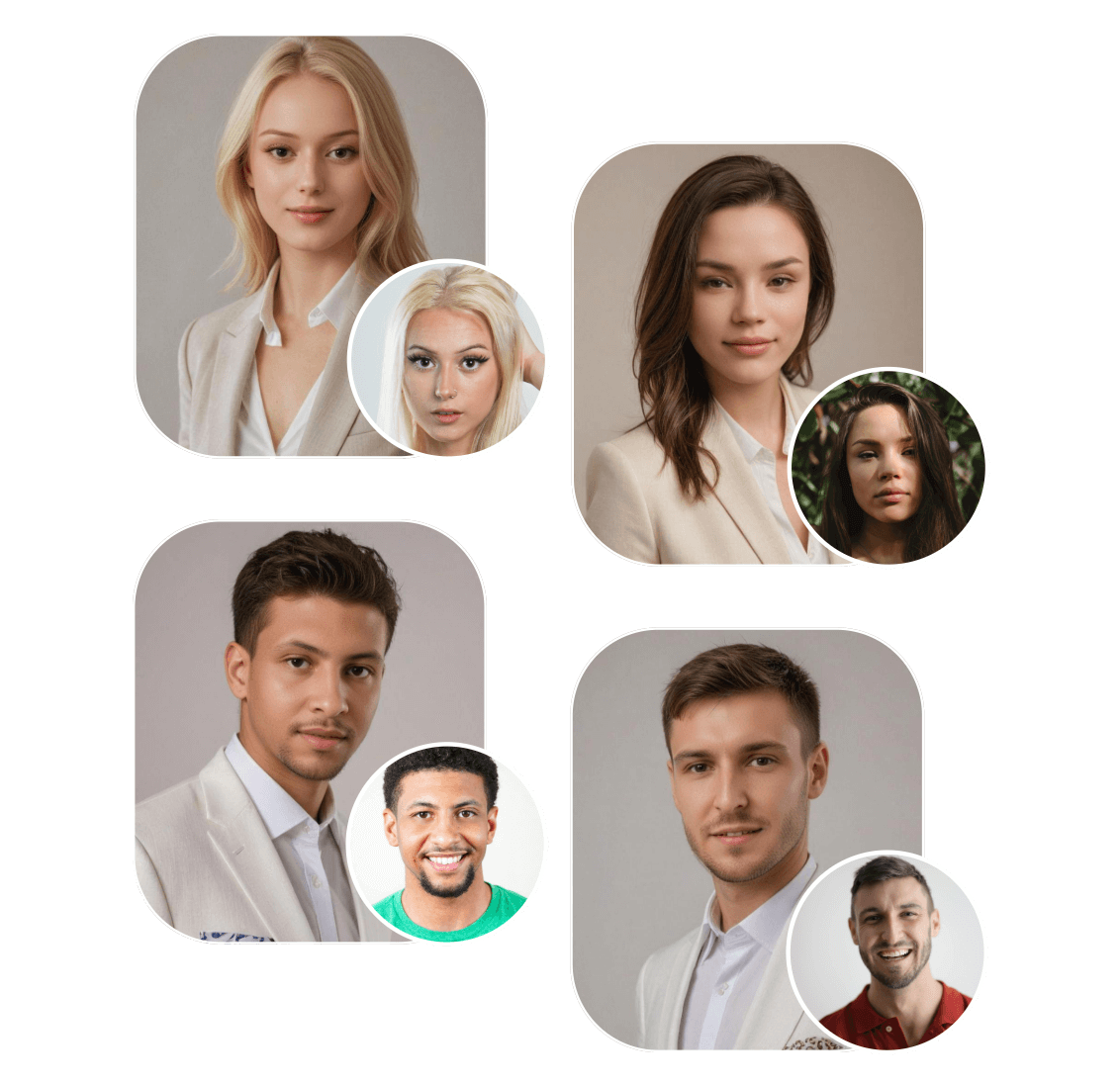 Show four professional ai headshot examples of face swapping a girl with blonde hair a brunette a boy with curly black hair and a straight black hair
