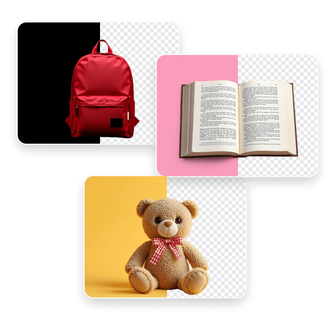Show three background colors that can be removed the black background of the red bag photo the pink background of the open book and the yellow background of the teddy bear doll