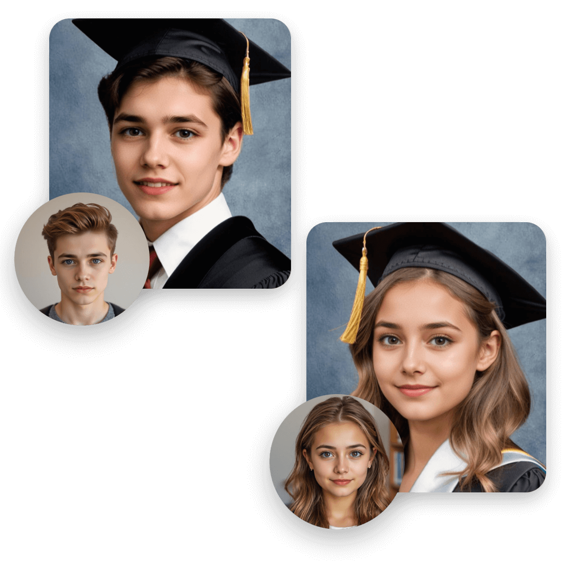 Show two ways of yearbook photo generation including a man and a woman