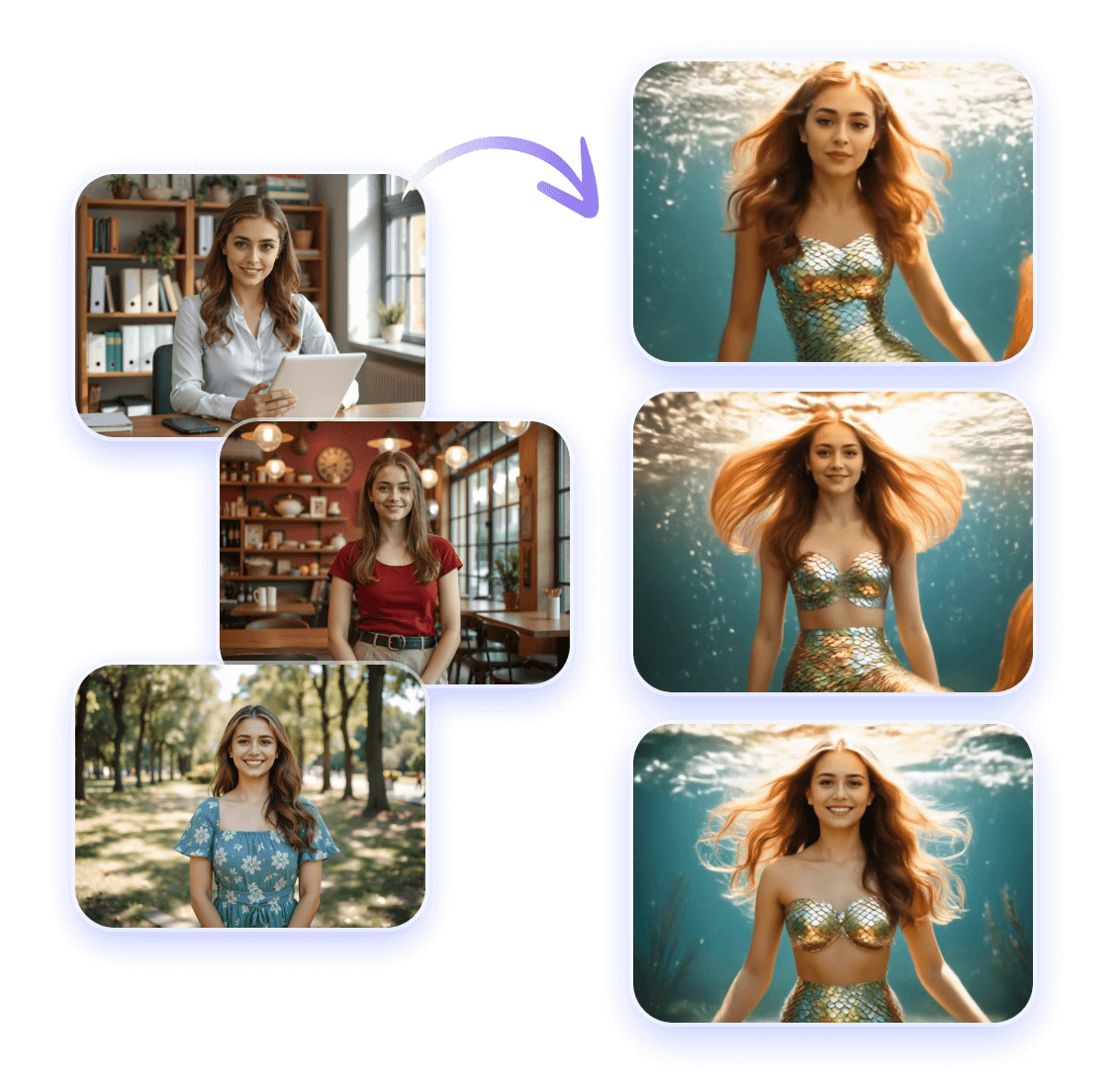 Präsentieren Sie verschiedene Szenen, die einen natürlichen Übergang zur Unterwasserwelt mit drei verschiedenen Szenenhintergründen für Büro, Café, Outdoor-Park ermöglichen.