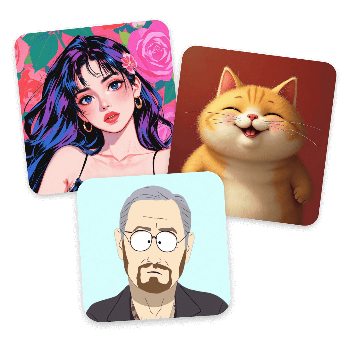 Showcase three ai cartoon avatars including a purple hair girl with flower background a yellow chubby cat and a man in south park style