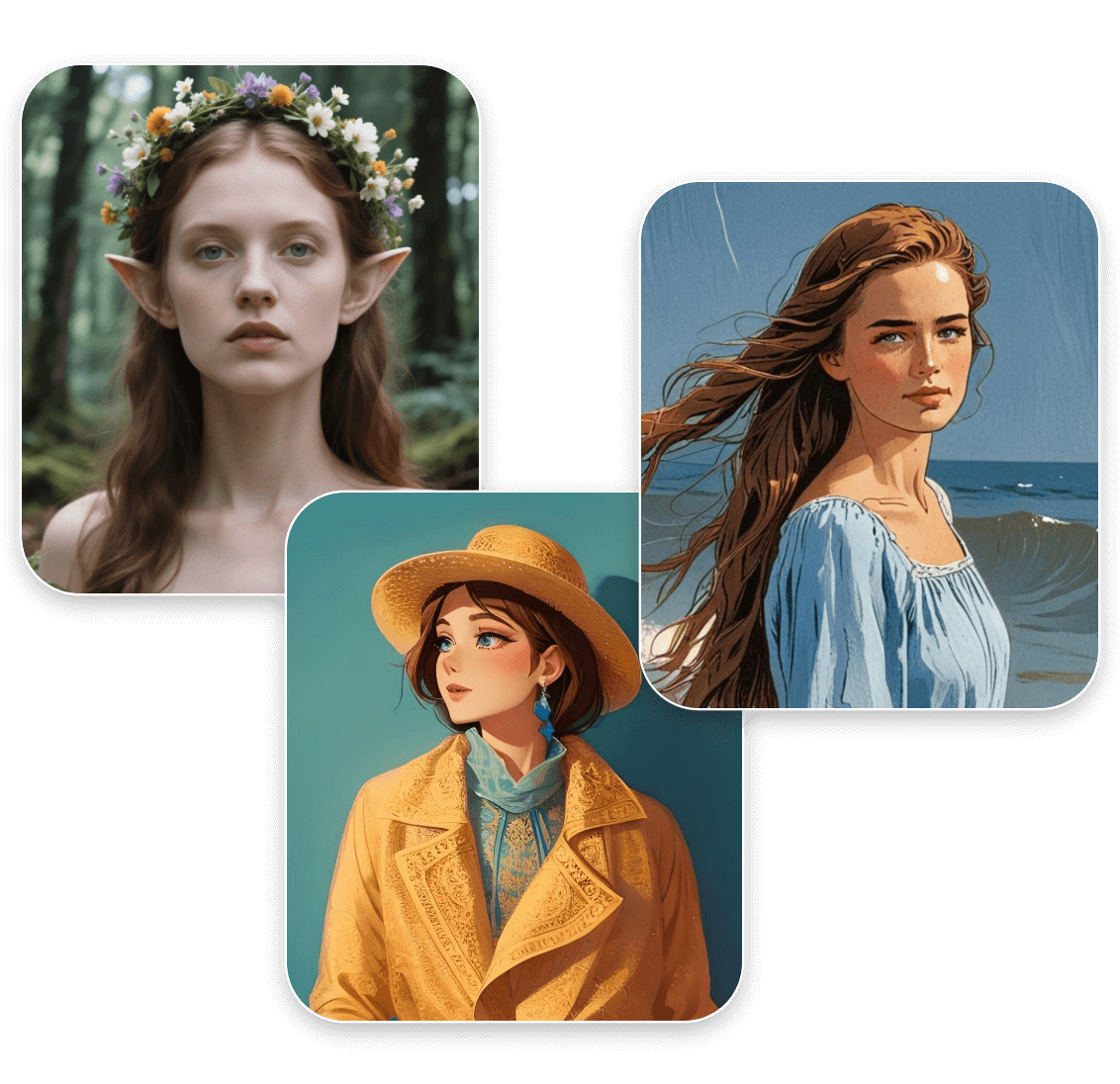 présenter trois images de visages dans différents styles incluant réaliste anime et peinture