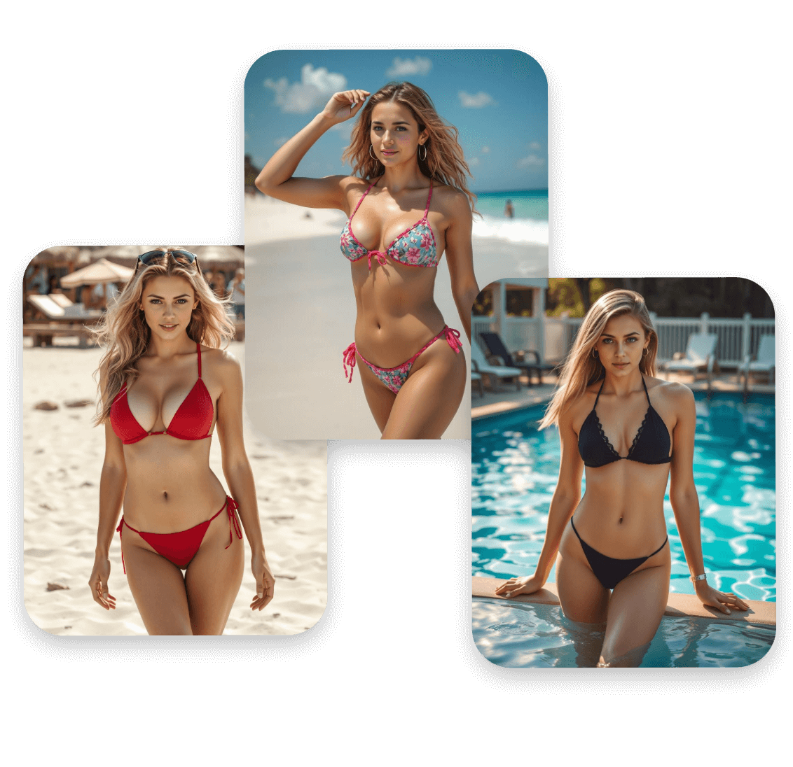Showcase three girls in different bikinis such as a long curly hair girl with red bikini on the beach a long hair girl in floral bikini a long sleek hair girl in black bikini in pool