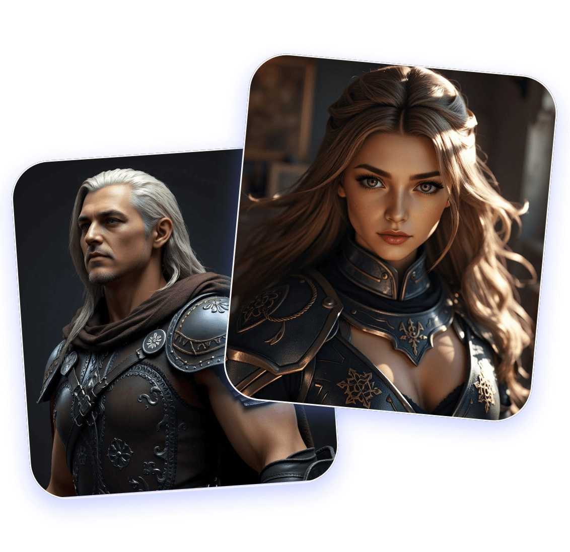 Showcase two realistic 3d human character a male warrior with white hair and a female warrior with a brown curly hair